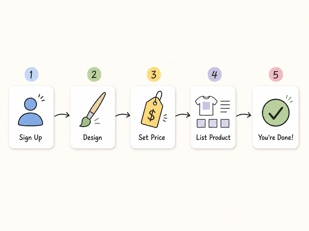 Five step process to get started with merch by Amazon from signup to launch