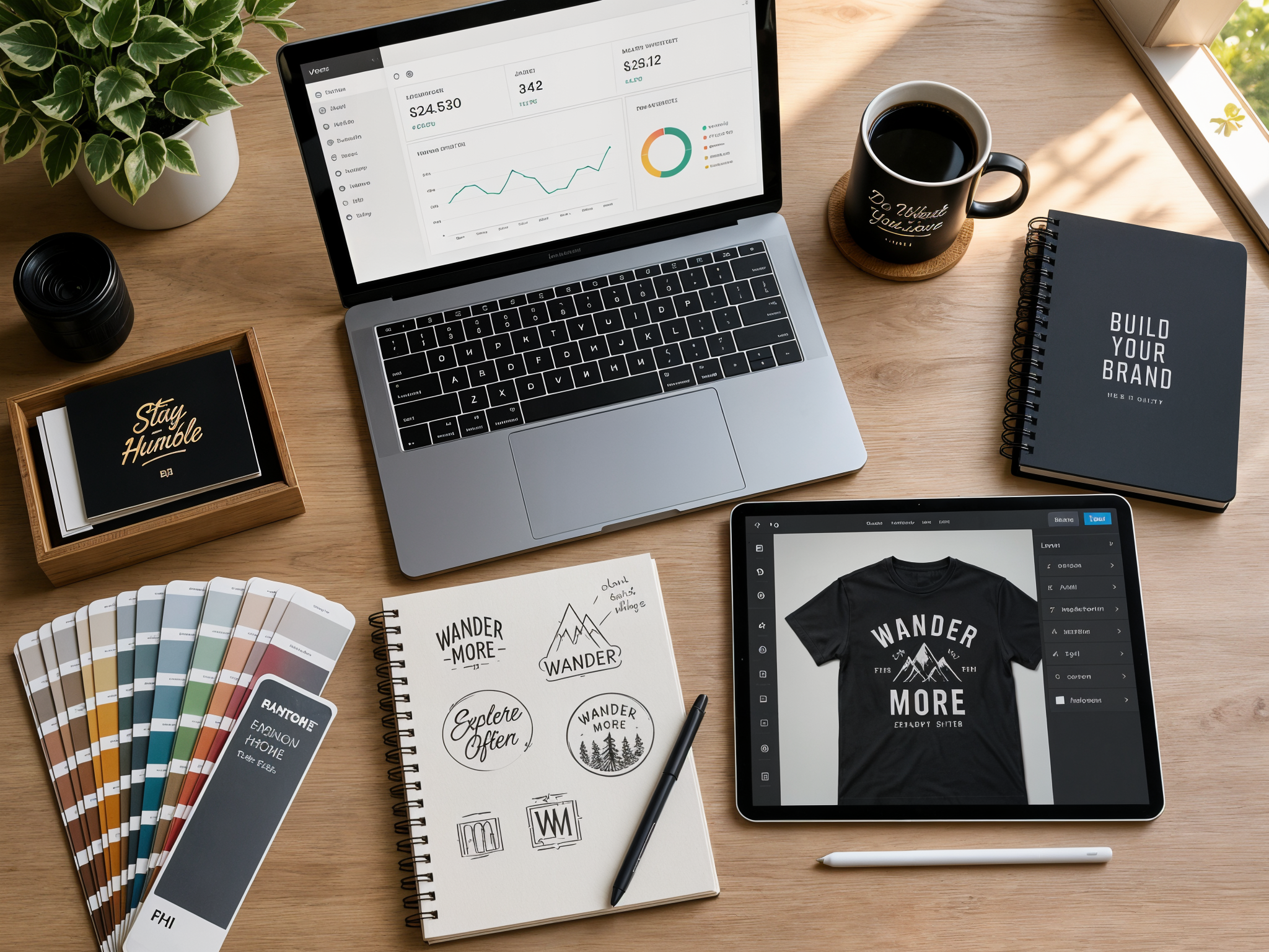 Creative workspace with laptop analytics and merch by Amazon design tools on desk
