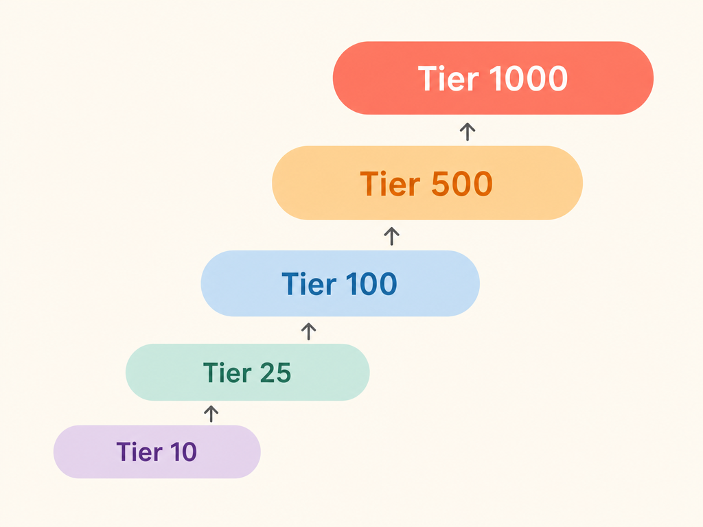 Merch by Amazon tier progression from Tier 10 to Tier 1000 with ascending badges