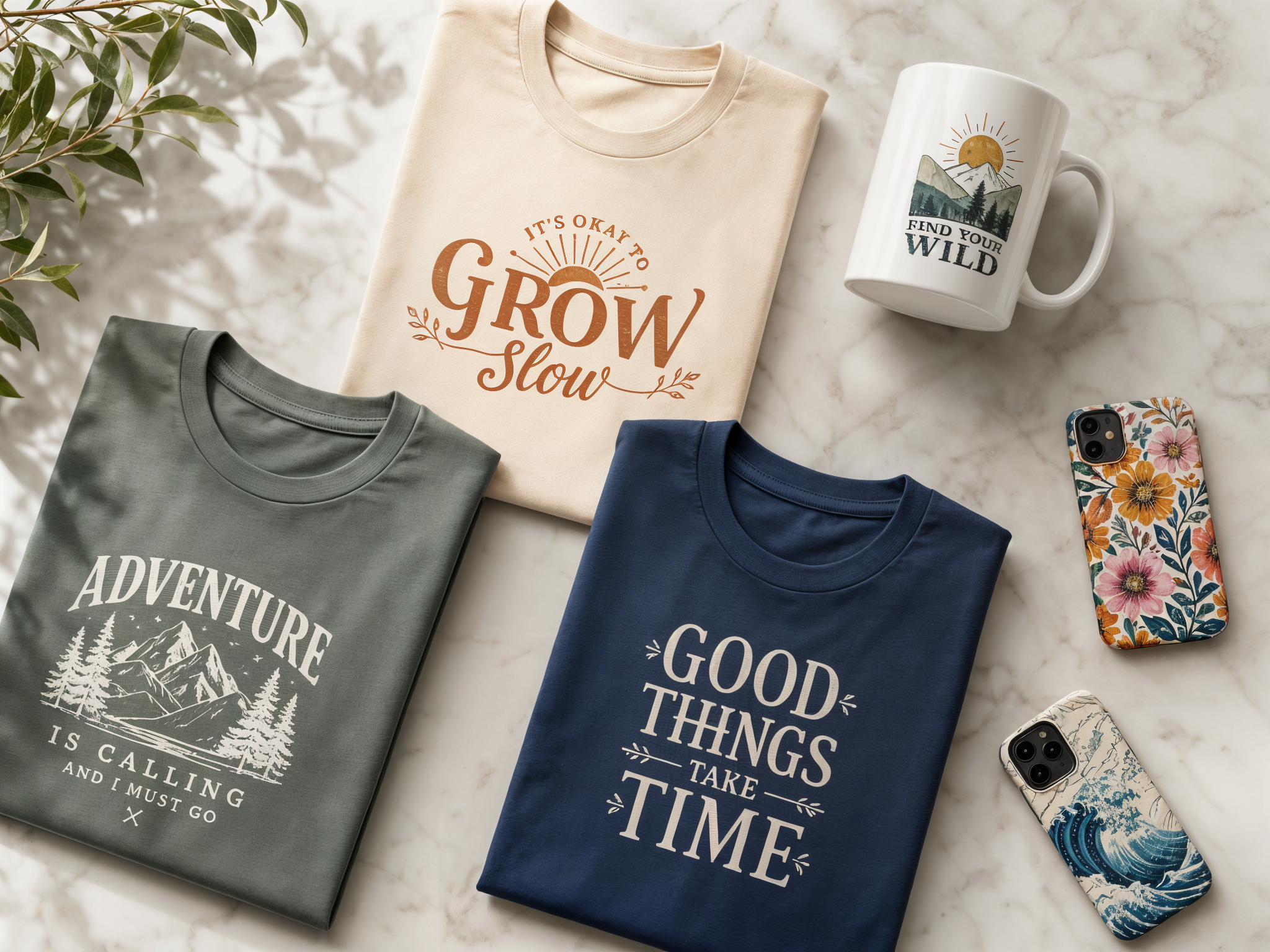 Custom print on demand products including t-shirts mugs and phone cases on marble surface