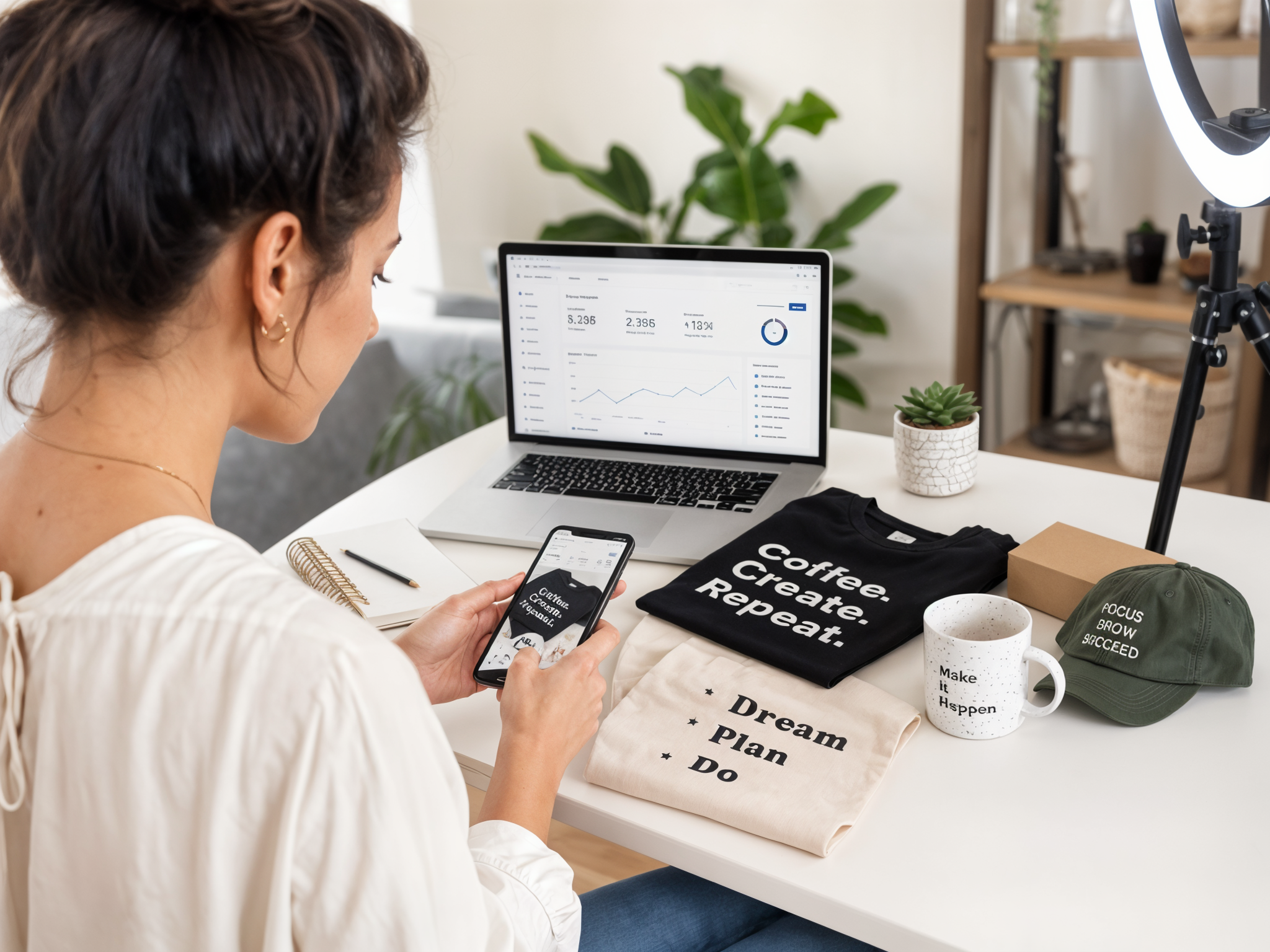 Entrepreneur photographing custom print on demand products for social media marketing campaign